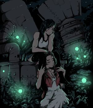 2girls aerith_gainsborough arm_support black_hair black_skirt black_thighhighs brown_hair chlowski commentary crop_top cropped_jacket dark dress english_commentary final_fantasy final_fantasy_vii final_fantasy_vii_remake glowing glowing_plants head_between_thighs highres industrial_pipe jacket multiple_girls red_jacket shirt sitting skirt smile thighhighs tifa_lockhart white_dress white_shirt yuri