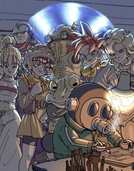 3girls 5boys anniversary ayla_(chrono_trigger) blonde_hair blue_eyes blue_tunic breasts chrono_trigger cigarette cleavage crono_(chrono_trigger) desk_lamp frog frog_(chrono_trigger) gas_mask glasses grey_hair hair_slicked_back headset helmet highres holding holding_pen humanoid_robot lamp lucca_ashtear magus_(chrono_trigger) marle_(chrono_trigger) mask medium_breasts multiple_boys multiple_girls navel pants pen pointy_ears purple_hair red_hair robo_(chrono_trigger) robot short_hair smile spiked_hair strapless tearing_up toriyama_akira_(character) tube_top tunic white_pants yuto_sakurai