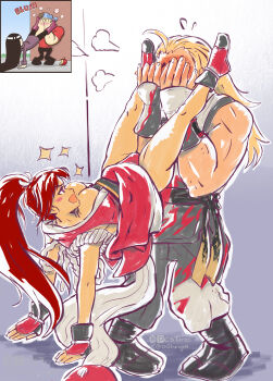 andy_bogard between_legs breasts cleavage fatal_fury handstand highres japanese_clothes large_breasts long_hair reference_work shiranui_mai the_king_of_fighters