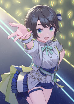 1girl :d ankle_boots aqua_bow aqua_bowtie black_hair blue_boots blue_eyes blue_shorts boots bow bowtie commentary corset dancing fingernails frilled_wrist_cuffs frills glowstick hair_bow hand_on_own_hip hand_up highres hololive hololive_idol_uniform_(bright) idol idol_clothes jacket knee_up looking_at_viewer offering_hand official_alternate_costume okachi_yuu oozora_subaru open_mouth overskirt puffy_short_sleeves puffy_sleeves reaching reaching_towards_viewer sash shirt short-sleeved_jacket short_hair short_sleeves shorts smile solo stage standing standing_on_one_leg swept_bangs thigh_strap underbust virtual_youtuber waist_bow white_jacket white_shirt wrist_cuffs