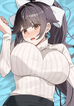 1girl absurdres azur_lane black_hair blush breasts commentary_request hair_ears high_ponytail highres kento_(kentdrawing) large_breasts long_hair long_sleeves looking_at_viewer lying official_alternate_costume on_back pencil_skirt ponytail ribbed_sweater skirt sweater takao_(azur_lane) takao_(inner_cultivation)_(azur_lane) turtleneck turtleneck_sweater very_long_hair white_sweater yellow_eyes