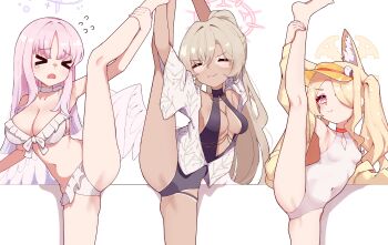 >_< 3girls absurdres alternate_costume alternate_hairstyle angel_wings animal_ears armpits bare_legs bare_shoulders bikini black_bikini black_one-piece_swimsuit blonde_hair blue_archive breasts cleavage closed_eyes cross_halo feathered_wings flexible fox_ears fox_girl frilled_bikini frills hair_over_one_eye halo heart heart_in_eye highres holding_own_leg hrnt jacket large_breasts leg_up long_hair low_wings medium_breasts mika_(blue_archive) mika_(swimsuit)_(blue_archive) multiple_girls nagisa_(blue_archive) nagisa_(swimsuit)_(blue_archive) official_alternate_costume official_alternate_hairstyle one-piece_swimsuit open_clothes open_jacket orange_eyes pink_hair ponytail seia_(blue_archive) seia_(swimsuit)_(blue_archive) side_ponytail small_breasts smile split standing standing_on_one_leg standing_split swimsuit symbol_in_eye tan tanline visor_cap white_background white_bikini white_one-piece_swimsuit white_wings wings yellow_jacket