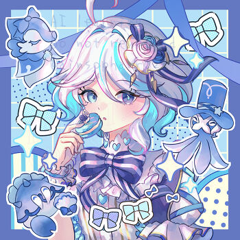 1girl ahoge alternate_costume blue_bow blue_dress blue_eyes blue_hair bow commentary dress drop-shaped_pupils flower food frilled_wrist_cuffs frills furina_(genshin_impact) genshin_impact gentilhomme_usher hair_flower hair_ornament heterochromia holding_macaron looking_at_viewer macaron mademoiselle_crabaletta maron_star medium_hair mismatched_pupils multicolored_hair short_sleeves solo streaked_hair surintendante_chevalmarin symbol-shaped_pupils upper_body white_hair wrist_cuffs