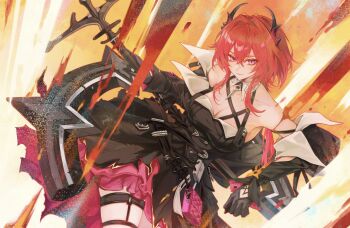Rule 34 | 1girl, absurdres, arknights, arknights: endfield, bare shoulders, black dress, black gloves, breasts, cleavage, commentary, detached sleeves, dress, gloves, highres, holding, holding sword, holding weapon, laevatain (arknights), large breasts, looking at viewer, purple eyes, red hair, sagi (sagi 0116), short hair, sidelocks, slit pupils, solo, surtr (arknights), sword, thigh strap, untranslatable commentary, weapon