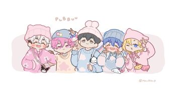 5boys :3 arm_up bamby_(plave) beanie black_hair blonde_hair blue_eyes blue_hair blue_hat blue_sweater blush_stickers cloud_print commentary crew_neck cropped_torso double_v eunho_(plave) fanny_pack grey_eyes hair_between_eyes hamin_(plave) hand_on_another&#039;s_shoulder hat heart highres kuromi male_focus mu_chiu_p multicolored_hair multiple_boys my_melody noah_(plave) one_eye_closed onegai_my_melody pink_eyes pink_hair pink_hat pink_sweater plave pochacco pompompurin sanrio sleeves_past_wrists star_(symbol) sweater three-finger_salute twitter_username two-tone_hair v white_background white_hair yejun_(plave)