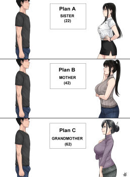 1boy 3girls black_eyes black_hair black_shirt black_skirt breasts crossed_arms denim earrings english_text hair_bun high_collar highres jeans jewelry large_breasts lipstick long_hair long_sleeves looking_ahead makeup mature_female multiple_girls naye_(xter) nush_(xter) original pants ponytail shirt skirt smile standing white_background white_shirt xter