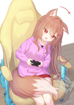 1girl animal_ear_fluff animal_ears brown_hair chair controller game_controller hair_ornament highres hood hood_down hoodie long_hair original pink_hoodie rade_(rade_552) red_eyes shorts sitting solo swivel_chair tail wolf_ears wolf_girl wolf_tail wooden_floor
