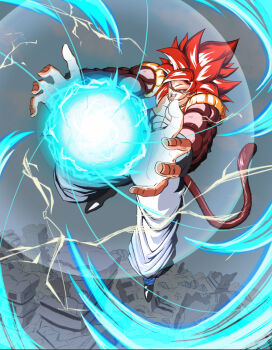 1boy big_bang_kamehameha blue_eyes blue_sash body_fur dougi dragon_ball dragon_ball_gt gogeta highres kamehameha_(dragon_ball) long_hair male_focus metamoran_vest monkey_boy monkey_tail muscular muscular_male no_nipples pants pectorals red_fur red_hair saiyan sash solo spiked_hair super_saiyan super_saiyan_4 tail user_jpsp3828