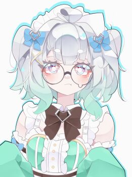 Rule 34 | 1girl, :t, absurdres, ahoge, berrychan00, black-framed eyewear, black bow, black bowtie, blue bow, blue eyes, blush, bow, bowtie, breasts, bright pupils, center frills, closed mouth, commentary, detached collar, detached sleeves, english commentary, eyelashes, frills, glasses, gradient hair, green hair, green sleeves, hair bow, hair intakes, hair ornament, highres, indie virtual youtuber, long sleeves, looking at viewer, maid headdress, mint fantome, mint fantome (minto 2.0), multicolored hair, pout, short hair, simple background, sleeve garter, sleeves past fingers, sleeves past wrists, solo, teardrop-framed glasses, thick eyelashes, upper body, virtual youtuber, white background, white hair, white pupils, x hair ornament