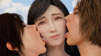 20s 3d 3girls absurdres artist_name auxtasy black_hair blender_(medium) blue_sky brown_hair capcom closed_eyes cloud crossover crystal_dynamics female_focus final_fantasy final_fantasy_vii final_fantasy_vii_remake highres jill_valentine lara_croft licking licking_another&#039;s_face light_smile long_hair looking_at_viewer multiple_crossover multiple_girls open_mouth red_eyes resident_evil resident_evil_3:_nemesis resident_evil_3_(remake) short_hair sky square_enix tifa_lockhart tomb_raider tomb_raider_(reboot) tongue tongue_out yuri