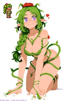 1girl all_fours archapxl bare_shoulders barefoot body_freckles braid braided_ponytail breast_freckles breasts cleavage closed_mouth commentary dryad_(terraria) english_commentary flower freckles freckles_on_breasts green_hair hair_flower hair_ornament heart highres long_hair looking_at_viewer medium_breasts official_art_inset plant plant_clothing pointy_ears purple_eyes red_flower sidelocks simple_background smile solo terraria vines watermark web_address white_background