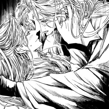 2boys blush chinese_clothes closed_mouth collared_robe crying curtained_hair face-to-face from_side half-closed_eyes half_updo hand_in_another's_hair hanfu highres imminent_kiss jewelry lilymurmur long_hair long_sleeves looking_at_another lower_teeth_only luo_binghe lying male_focus monochrome multiple_boys on_back open_mouth popped_collar profile renzha_fanpai_zijiu_xitong ring shen_qingqiu smile tears teeth wide_sleeves yaoi zuiyin