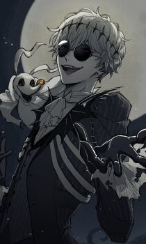 1boy bishounen black_crown black_gloves bone crown dog foreshortening formal_clothes full_moon gloves halloween highres humanization jack_skellington jacket long_sleeves looking_at_viewer male_focus moon open_mouth pinstripe_pattern pinstripe_suit red_eyes ribs round_eyewear short_hair skeleton skeleton_print smile solo spirit sssawara_z stitches striped_clothes striped_jacket suit sunglasses the_nightmare_before_christmas twisted_wonderland zero_(the_nightmare_before_christmas)
