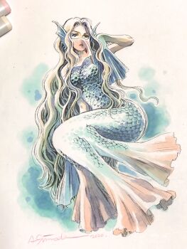 1girl amabie arm_up art_tools_in_frame black_eyes blonde_hair blue_eyeshadow blue_scales closed_mouth colored_extremities commentary_request completely_nude curtained_hair dated eyeshadow fins flippers full_body head_fins highres long_hair makeup marker marker_(medium) merfolk mermaid monster_girl mouth_veil multiple_tails nude original pink_veil scales signature solo studio_carmine tail traditional_media traditional_youkai unconventional_merfolk veil very_long_hair wavy_hair