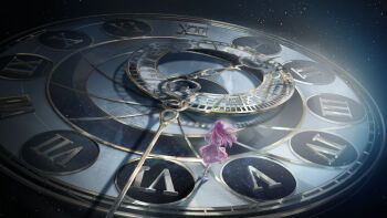 1girl absurdres ankle_socks argyle_clothes argyle_dress artist_request bloom_poetry_(shining_nikki) clock dress floating_clothes floating_hair frilled_sleeves frills from_behind full_body high_heels highres light_particles long_hair long_sleeves medium_dress nikki_(nikki) nikki_(series) official_art oversized_object pinafore_dress pink_dress pink_hair pleated_dress pumps second-party_source shining_nikki shirt shoes sleeveless sleeveless_dress sleeves_past_wrists socks solo space standing very_long_hair white_shirt white_shoes white_socks wind