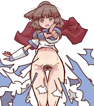 1girl armor blue_armor blunt_bangs blush bottomless brown_eyes brown_hair cape exploding_clothes fingerless_gloves giga.linda gloves high_ponytail highres nose_blush pointing pointing_at_viewer ponytail red_cape spread_pussy sweatdrop white_background