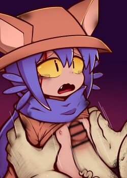 1boy ambiguous_gender animal_ear_headwear animal_ears bar_censor blue_hair blue_scarf breasts breasts_squeezed_together brown_shirt censored chain chained clothes_lift colored_sclera fake_animal_ears fang flat_chest furrowed_brow gender_request grabbing_another&#039;s_shoulder gradient_background hair_between_eyes hat highres long_sleeves looking_at_another male_focus male_pubic_hair motion_blur motion_lines naizuri nekosatsu1 niko_(oneshot) nipples nose oneshot_(game) open_mouth paid_reward_available paizuri penis pubic_hair rape restrained sad scarf shirt shota shoulder_grab sidelocks simple_background tears veins veiny_penis worried yellow_eyes yellow_sclera