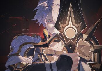 1boy black_choker black_gauntlets blue_eyes choker closed_mouth hashtag-only_commentary highres holding holding_sword holding_weapon honkai:_star_rail honkai_(series) looking_at_viewer male_focus neglow phainon_(honkai:_star_rail) shirt short_hair sun_symbol sword weapon white_hair white_shirt