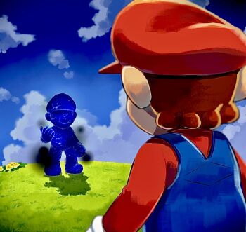 2boys blue_overalls blue_sky brown_hair cloud cosmic_mario day gloves grass hat highres looking_at_another mario mario_(series) multiple_boys nintendo outdoors overalls red_hat red_shirt shirt short_hair sky super_mario_galaxy white_gloves yamari_(ya_mari_6363)