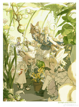 4girls absurdres animal_ear_fluff animal_ears arknights aroma_(arknights) blonde_hair blue_eyes blue_hairband braid braided_hair_rings brown_hair coat earpiece flower fox_ears fox_girl fox_tail gloves green_eyes grey_hair hair_rings hairband highres holding holding_watering_can infection_monitor_(arknights) kesou_yaoshui_er kitsune kyuubi material_growth multiple_girls multiple_tails open_mouth oripathy_lesion_(arknights) pantyhose perfumer_(arknights) plant potted_plant short_hair sitting staff sussurro_(arknights) suzuran_(arknights) tail twin_braids watering_can watermark weibo_watermark white_coat white_gloves white_pantyhose