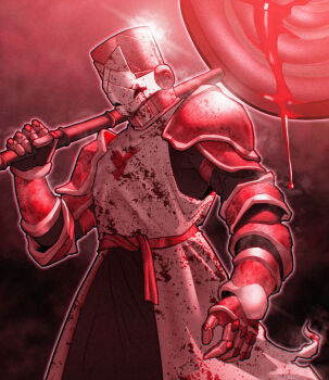 Rule 34 | 1boy, arm guards, armor, belt, blood, blood drip, blood on armor, blood on clothes, blood on helmet, bloody weapon, candy, castle crashers, clothing request, commentary, english commentary, feet out of frame, food, gauntlets, heart, helm, helmet, highres, holding, holding weapon, lollipop, male focus, mustakro6, over shoulder, pauldrons, pink armor, pink background, pink belt, pink knight (castle crashers), shoulder armor, solo, swirl lollipop, weapon, weapon over shoulder