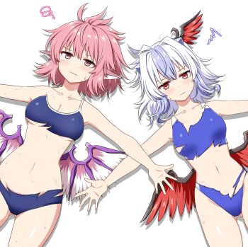 2girls alternate_costume animal_ears bird_ears blush breasts cleavage closed_mouth collarbone commentary_request commission competition_swimsuit head_wings highres horns lying multicolored_hair multiple_girls mystia_lorelei navel new_school_swimsuit no_headwear on_back one-piece_swimsuit outstretched_arms pink_eyes pink_hair purple_hair red_eyes red_wings rise_(rise19851203) school_swimsuit second-party_source single_head_wing skeb_commission solo spread_arms squiggle stomach sweatdrop swimsuit tokiko_(touhou) torn_clothes torn_swimsuit touhou two-tone_hair underboob white_hair wings