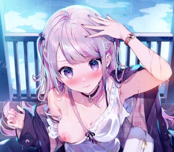 1girl arm_up armpit_peek bag black_bra black_choker black_jacket blouse blush bra bra_pull butterfly_earrings choker closed_mouth clothes_pull collarbone commentary_request cropped earrings embarrassed grey_hair hand_up handbag heart heart_choker jacket jewelry kat_(bu-kunn) long_hair looking_at_viewer multicolored_hair nail_polish nipples off-shoulder_shirt off_shoulder one_breast_out open_clothes open_jacket original outdoors purple_eyes purple_hair see-through_clothes see-through_shirt shirt shirt_pull solo strap_slip swept_bangs underwear upper_body watch wet wet_clothes wet_shirt white_bag white_shirt wristwatch