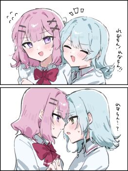 2girls amaori_renako blue_hair bow bowtie closed_eyes collared_shirt commentary_request fang flying_sweatdrops highres holding_hands interlocked_fingers koyanagi_kaho medium_hair mesugakisaikou multiple_girls open_mouth pink_bow pink_bowtie pink_hair purple_eyes shirt simple_background skin_fang smile sweat translation_request watashi_ga_koibito_ni_nareru_wake_naijan_murimuri! white_background white_shirt yuri