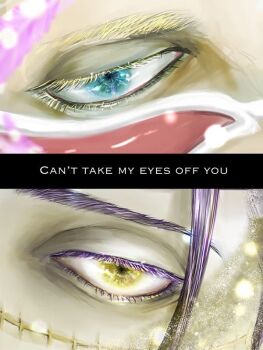 2boys black_hair blonde_hair blue_eyes commentary commentary_request crocodile_(one_piece) donquixote_doflamingo english_commentary eye_focus lockxxxlack male_focus multiple_boys one_piece stitched_face stitches sunglasses yellow_eyes