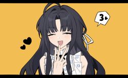 Rule 34 | 1girl, awa subaru, black hair, closed eyes, commentary, english commentary, girls band cry, hair ribbon, hand up, heart, highres, laughing, letterboxed, long hair, open mouth, ribbon, serien, shirt, simple background, sleeveless, sleeveless shirt, smile, solo, speech bubble, telecaster b-boy (vocaloid), upper body, white ribbon, white shirt, yellow background