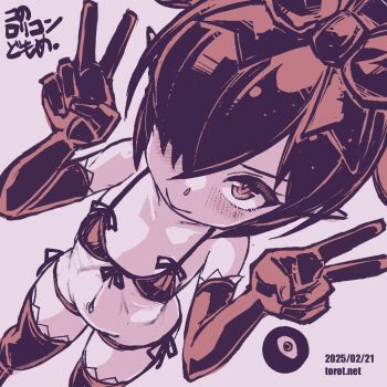 1girl backbeako_(torotei) backbeard bikini blush bow breasts closed_mouth commentary dated dated_commentary double_v dutch_angle elbow_gloves feet_out_of_frame front-tie_bikini_top front-tie_top gegege_no_kitarou gloves hair_bow hair_over_one_eye kono_lolicon_domome loli looking_at_viewer monochrome navel original paid_reward_available pink_background pink_theme pointy_ears ringed_eyes side-tie_bikini_bottom simple_background small_breasts smile solo swimsuit thighhighs torotei translated twintails v watermark web_address