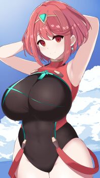 1girl absurdres armpits arms_up bare_shoulders black_one-piece_swimsuit blush breasts chest_jewel closed_mouth competition_swimsuit core_crystal_(xenoblade) covered_navel earrings gem headpiece highres jewelry kocha_(jgug7553) large_breasts looking_at_viewer one-piece_swimsuit pinstripe_one-piece_swimsuit pyra_(pro_swimmer)_(xenoblade) pyra_(xenoblade) red_eyes red_hair red_one-piece_swimsuit ribbed_swimsuit short_hair smile solo strapless strapless_one-piece_swimsuit striped_clothes striped_one-piece_swimsuit swept_bangs swimsuit tiara two-tone_swimsuit vertical-striped_clothes vertical-striped_one-piece_swimsuit xenoblade_chronicles_(series) xenoblade_chronicles_2