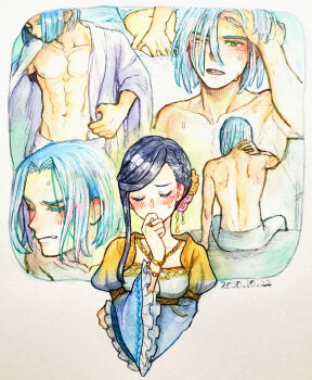 1boy 1girl abs black_hair blue_hair blush breasts closed_eyes collarbone commentary_request dated ferdinand_(honzuki_no_gekokujou) flower hair_flower hair_ornament hair_over_one_eye hand_in_own_hair hand_on_another&#039;s_chest hetero highres hip_bones hitsuki_(hiidukii) honzuki_no_gekokujou imagining juliet_sleeves long_sleeves medium_breasts myne_(honzuki_no_gekokujou) open_clothes open_robe pectorals puffy_sleeves robe single_sidelock sweat toned toned_male topless_male traditional_media wide_sleeves yellow_eyes