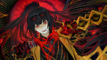 1girl black_hair black_shirt black_vest blood blood_splatter blunt_bangs cigarette coat collared_shirt contempt_awe_(e.g.o) dutch_angle e.g.o_(project_moon) eyewear_on_head gold_trim hair_flowing_over hashtag-only_commentary high_ponytail highres holding holding_polearm holding_weapon light_rays limbus_company looking_at_viewer necktie nishikujic official_alternate_costume open_clothes open_coat polearm ponytail project_moon red_eyes red_necktie ryoshu_(project_moon) shirt sidelocks smirk solo spear sun_behind_head upper_body vest weapon yellow_coat