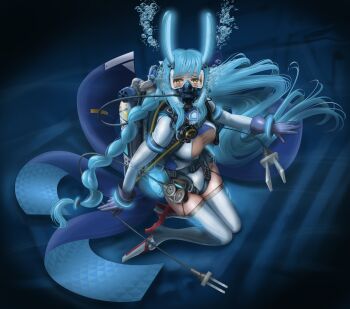 1girl air_bubble animal_ears aqua_hair azur_lane blue_gloves boise_(azur_lane) breasts bubble commentary_request fake_animal_ears full_body gloves glowing highleg highleg_leotard highres ink_b.p. leotard long_hair long_sleeves looking_at_viewer mask medium_breasts mouth_mask oxygen_mask oxygen_tank rabbit_ears scuba_tank solo thighhighs underwater very_long_hair white_leotard white_thighhighs yellow_eyes