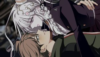 Rule 34 | 1boy, 1girl, black jacket, black ribbon, blush, braid, brown hair, brown necktie, collared shirt, commentary request, danganronpa: trigger happy havoc, danganronpa (series), food, food on head, green hoodie, grey hair, grin, hair ribbon, highres, hood, hoodie, jacket, kirigiri kyoko, long hair, long sleeves, looking at viewer, merryxmasu, naegi makoto, necktie, object on head, open clothes, open jacket, ribbon, shirt, short hair, side braid, sideways glance, smile, teeth, white shirt