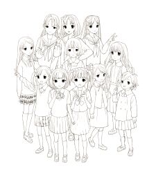 6+girls arm_up bob_cut bow bowtie breasts cardigan child collar collared_shirt greyscale hair_between_eyes hair_ornament hair_ribbon hairclip highres kindergarten_uniform kneehighs kusanagi_koyori loafers long_hair long_sleeves looking_at_viewer medium_hair milk_tissue_girl miniskirt monochrome multiple_girls neckerchief open_mouth peter_pan_collar plaid_clothes plaid_skirt pleated_skirt ponytail ribbon sailor_collar school_uniform serafuku shirt shoes short_hair short_sleeves short_twintails side_ponytail simple_background skirt smile smock socks suspender_skirt suspenders toddler twintails v w white_background