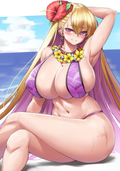 1girl absurdres beach bikini blonde_hair blush boryeon_(last_origin) breasts cho!cho! cleavage colored_inner_hair crossed_bangs crossed_legs day flower flower_necklace gyaru hair_between_eyes hair_flower hair_ornament hibiscus highres huge_breasts jewelry kogal last_origin lei long_hair looking_at_viewer mole mole_on_breast multicolored_hair navel necklace outdoors purple_hair ring ring_necklace sitting smile solo swimsuit very_long_hair water