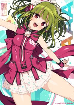 1girl :d back_bow beatmania_iidx beatmania_iidx_32_pinky_crush bemani blunt_bangs bow breasts commentary_request copyright_name green_hair headphones highres hishimiya_tsugaru kinoshita_ichi looking_at_viewer medium_breasts medium_hair miniskirt open_mouth pink_bow pink_shirt pleated_skirt qr_code red_eyes shirt skirt sleeveless sleeveless_shirt smile solo sparkle spread_eagle_position teeth upper_teeth_only white_headdress white_skirt wristband