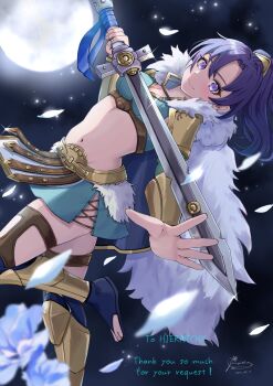 1girl armor black_hair blue_skirt blush breasts cape closed_mouth commission crop_top fir_(dual_warrior)_(fire_emblem) fir_(fire_emblem) fire_emblem fire_emblem:_the_binding_blade fire_emblem_heroes full_moon fur-trimmed_cape fur_trim gladiator gladiator_sandals highres holding holding_sword holding_weapon long_hair looking_at_viewer medium_breasts moon mugitoro_(dsfv2277) navel nintendo official_alternate_costume ponytail purple_hair sandals skeb_commission skirt smile solo stomach sword weapon