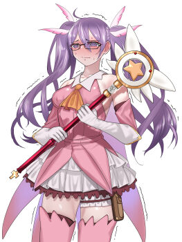 Rule 34 | 1girl, @ @, absurdres, bare shoulders, blue notuki, blush, breasts, cosplay, dress, fate/grand order, fate/kaleid liner prisma illya, fate (series), feather hair ornament, feathers, gloves, hair ornament, highres, illyasviel von einzbern, kaleidostick, layered gloves, long hair, magical girl, magical ruby, medium breasts, pink gloves, prisma illya, prisma illya (cosplay), purple eyes, purple hair, sion eltnam (type-moon), sion eltnam sokaris, solo, twintails, wand