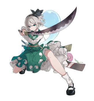 1girl black_bow black_bowtie black_hairband blush bow bowtie closed_mouth devilkillerx frills green_eyes green_skirt green_vest grey_hair hairband hitodama holding holding_sword holding_weapon katana konpaku_youmu long_sleeves looking_at_viewer mary_janes ribbon scabbard sheath shirt shoes short_hair skirt solo sword touhou unsheathing vest wakizashi weapon white_background