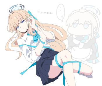 ... 1girl apron black_dress black_gloves blonde_hair blue_archive blue_bow blue_eyes blue_ribbon blue_skirt bow bun_cover chibi collared_shirt commentary_request dress dress_shirt fingerless_gloves gloves hair_bow hair_bun hair_intakes halo juliet_sleeves long_hair long_sleeves multiple_views nyaru_(nyaru_4126) pleated_skirt puffy_sleeves ribbon shirt simple_background skirt spoken_ellipsis toki_(blue_archive) translation_request very_long_hair white_apron white_background white_shirt