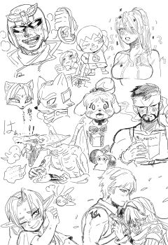 absurdres alex_(minecraft) animal_crossing blush captain_falcon chrom_(fire_emblem) dancho_no_mori f-zero fire_emblem fox_mccloud highres isabelle_(animal_crossing) krystal link lucina_(fire_emblem) metal_gear_(series) metroid minecraft monochrome multiple_boys multiple_girls navi nintendo pikmin_(creature) pikmin_(series) purple_pikmin ridley samus_aran sketch solid_snake star_fox super_smash_bros. the_legend_of_zelda villager_(animal_crossing) young_link