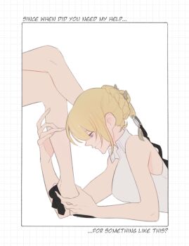 2girls astra_yao bare_legs blonde_hair braid braided_bun closed_mouth collared_shirt commentary english_commentary english_text evelyn_chevalier grid_background hair_bun hand_on_another's_foot multiple_girls purple_eyes rune_(misiru) shirt simple_background sleeveless sleeveless_shirt smile white_background white_shirt yuri zenless_zone_zero