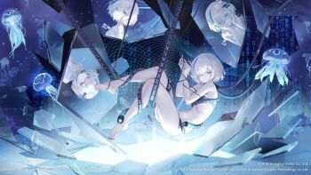 1girl air_bubble animated azur_lane bare_shoulders black_nails blinking blue_background blue_tail blush bound breasts bubble cleavage colored_eyelashes colored_skin commentary crazy_eyes crazy_smile english_commentary fingernails flat_chest hair_over_one_eye hands_on_own_face hanging highres jellyfish legs_up live2d logo medium_hair multicolored_hair multiple_expressions nail_polish navel nude official_alternate_costume official_art promotional_art shards siren_(azur_lane) small_breasts smile solo_focus stomach streaked_hair tagme tb_(azur_lane) tb_(data_set:_my_countless_selves)_(azur_lane) tb_(type-a)_(azur_lane) thighs two-tone_hair video white_hair white_skin zoom_layer