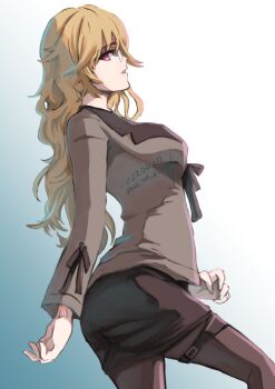 Rule 34 | 1girl, belt, blonde hair, breasts, brown jacket, commentary request, from side, jacket, kiryuu moeka, long hair, long sleeves, looking at viewer, mako (reason seal), medium breasts, miniskirt, open mouth, pantyhose, pink eyes, profile, science adventure, simple background, skirt, smile, solo, steins;gate, steins;gate 0, thigh belt, thigh strap