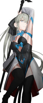 1girl absurdres arm_up armpits basasyu black_bow black_dress black_thighhighs blue_eyes bow braid breasts cleavage dress fate/grand_order fate_(series) grey_hair hair_bow highres large_breasts long_hair long_sleeves looking_at_viewer morgan_le_fay_(fate) morgan_le_fay_(first_ascension)_(fate) pelvic_curtain ponytail sidelocks solo staff thighhighs thighs two-tone_dress very_long_hair white_dress wide_sleeves
