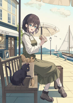 1girl absurdres animal awning bag baguette black_cat black_hair blue_eyes boat bread building cat cloud collared_shirt commentary_request double-parted_bangs dress evening film_grain food full_body green_dress grey_shoes hair_between_eyes harbor highres holding holding_food holding_sandwich lamppost long_sleeves looking_at_animal looking_to_the_side mountainous_horizon on_bench open_mouth original outdoors paper_bag parasol sailboat sandwich senri_(senri_sen) shadow shirt shoes short_hair sitting sky slice_of_life smile socks solo spaghetti_strap umbrella watercraft white_shirt white_socks wing_collar