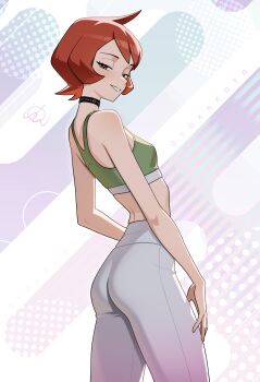 1girl absurdres arezu_(pokemon) ass black_choker breasts choker commentary english_commentary green_sports_bra highres looking_at_viewer nintendo otokakoto pants parted_lips pokemon pokemon_legends:_arceus red_eyes red_hair short_hair simple_background small_breasts smile solo sports_bra white_pants